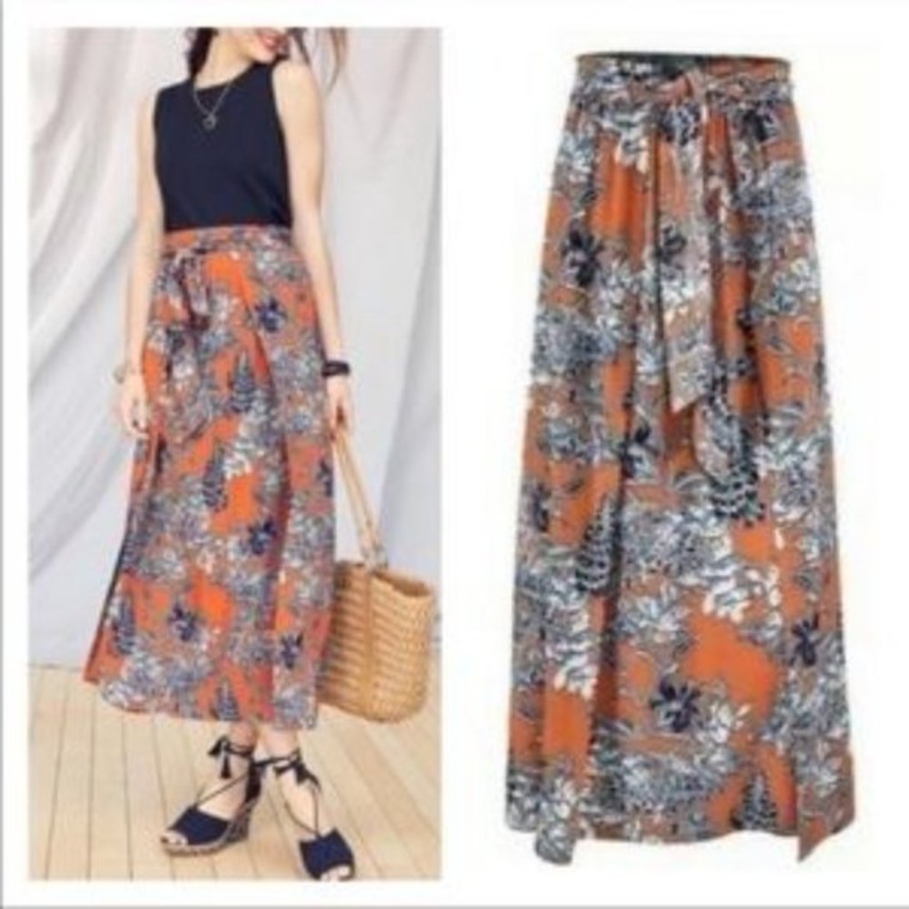 CAbi Orange Floral "Calypso" Pull ON Wrap Maxi Skirt‎ #5250 S